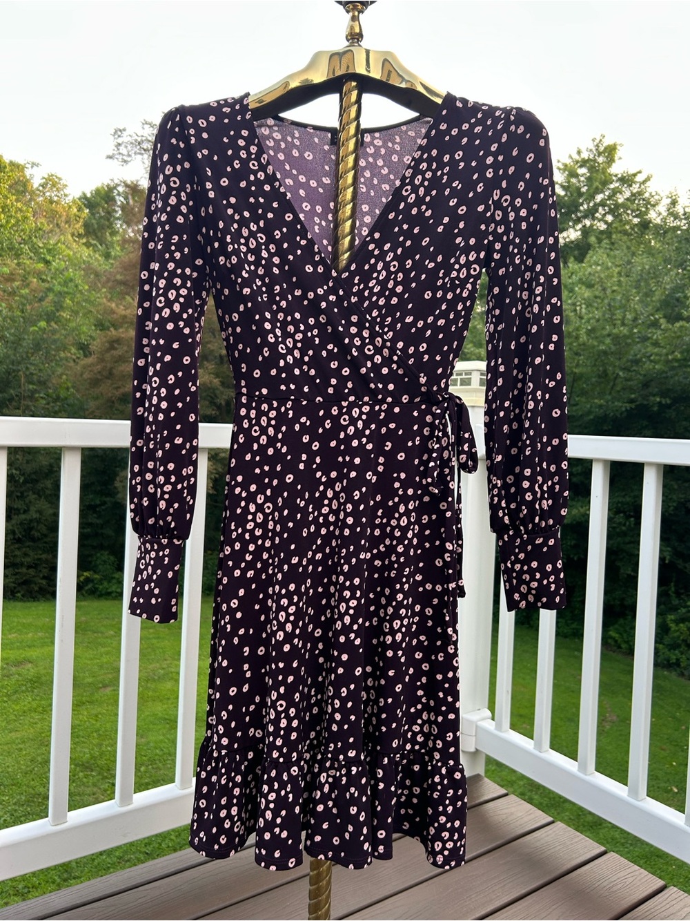 Burgundy and Pink Wrap Midi Dress with Long Sleeves